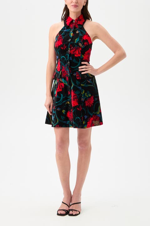 Safina Button Front Printed Velvet Dress