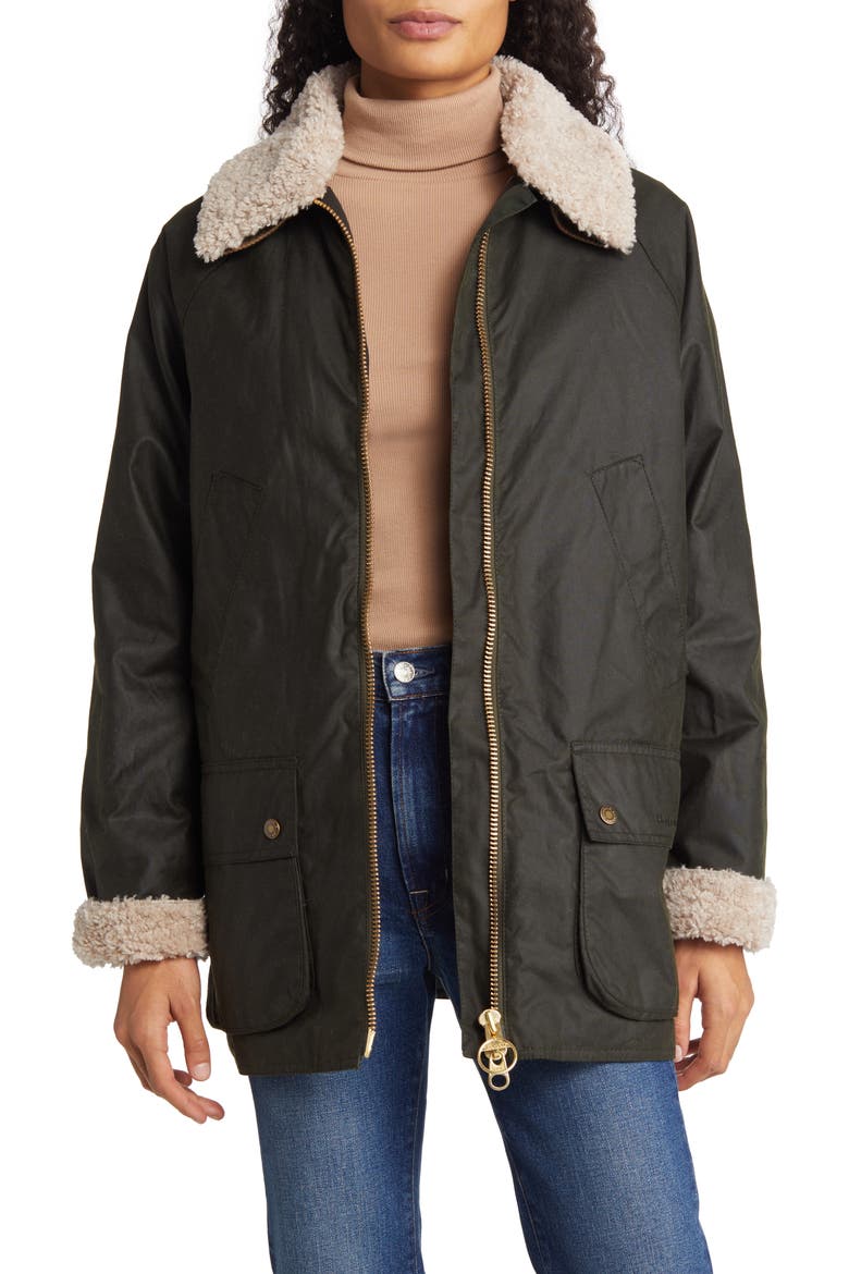 Carloway Waxed Cotton Jacket with Removable Faux Shearling Collar, Main, color, FERN/ CLASSIC TARTAN