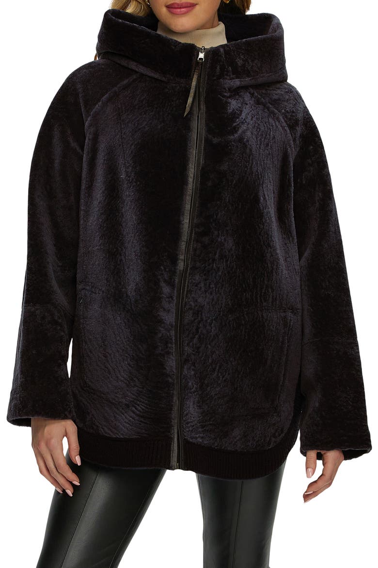 Reversible Textured Genuine Shearling Lamb Zip Parka with Ribbed Hem, Alternate, color, BROWN/BROWN