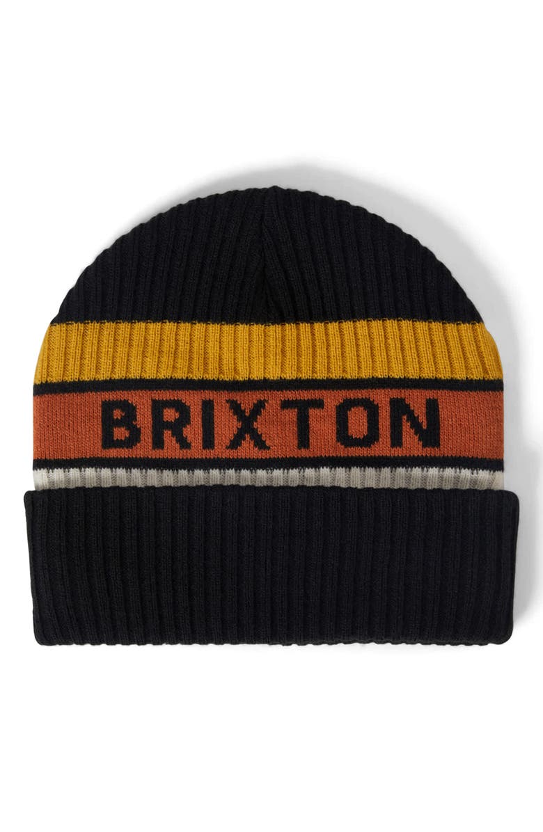 Brixton Rainier Stripe Logo Beanie, Main, color, Black/ Yellow/ Orange