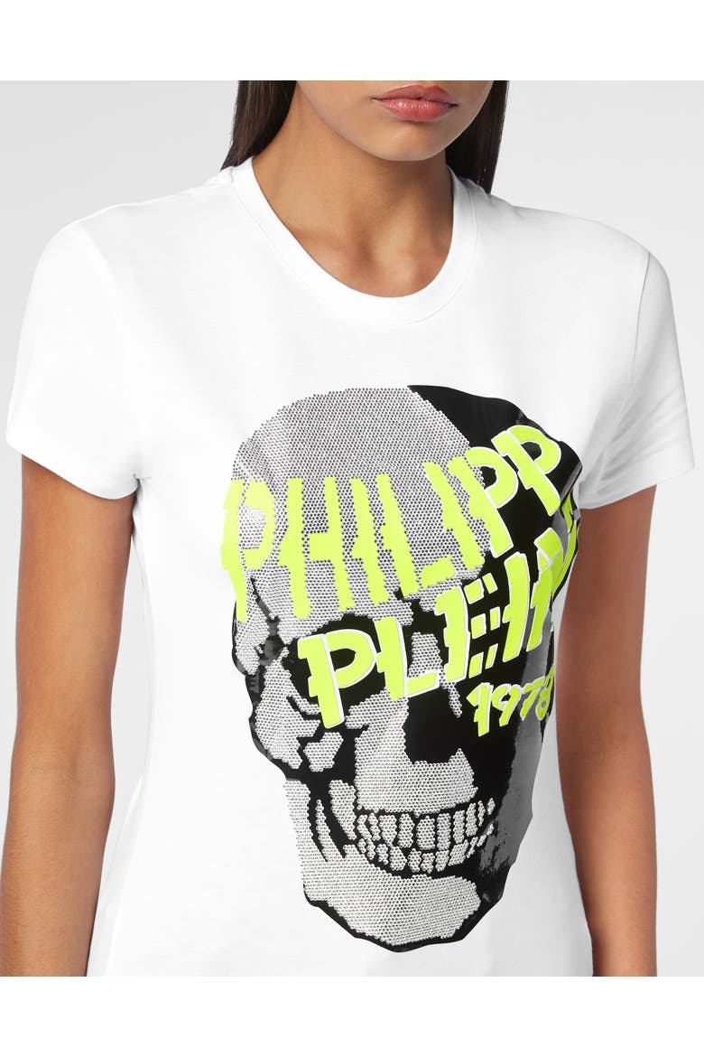 T-Shirt Round Neck Ss Skull Strass Women, Alternate, color, white