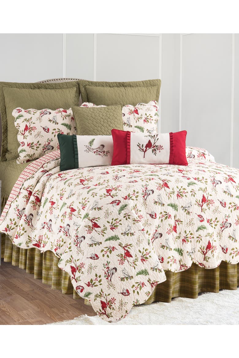 Sprig Birds Cardinal Christmas Cotton Quilt Set  - Reversible and Machine Washable, Alternate, color, Red