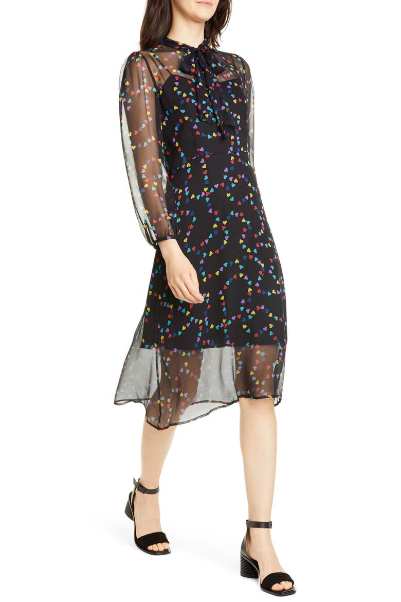 Elisa Tie Neck Long Sleeve Silk Chiffon Dress, Alternate, color, RAINBOW STRING OF HEARTS