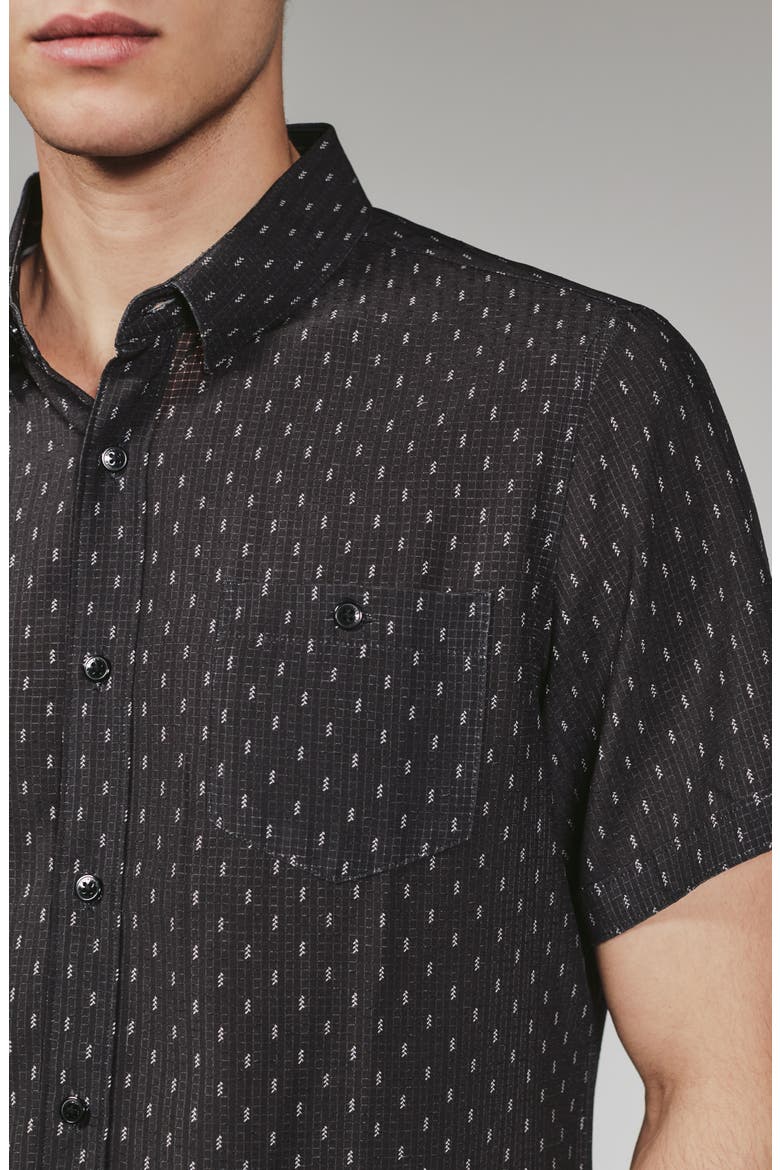 Renzo Textured Geo Pattern Short Sleeve Stretch Button-Up Shirt, Alternate, color, BLACK