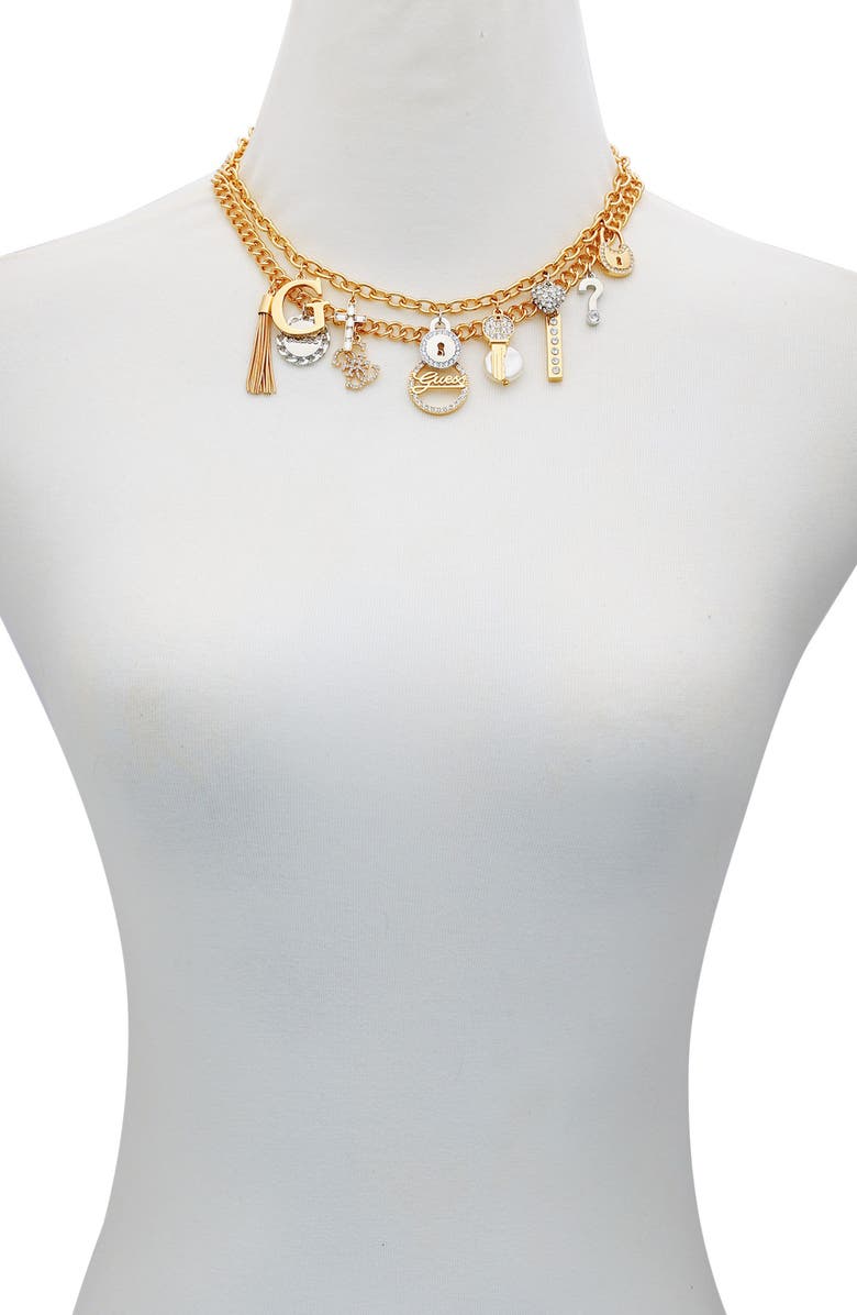 GUESS Crystal Charm Layered Necklace, Alternate, color, Two Tone