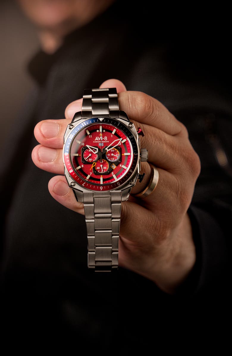 AVI-8 Hawker Hunter Atlas Dual Time Chronograph Bracelet Watch, 44, Alternate, color, Red