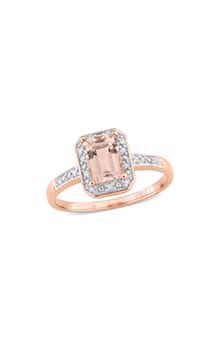 DELMAR Emerald Cut Morganite & Diamond Halo Ring