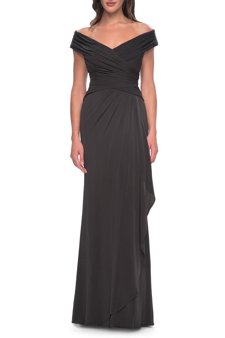 Long Luxurious Jersey Off the Shoulder Evening Gown, Main, color, Gunmetal