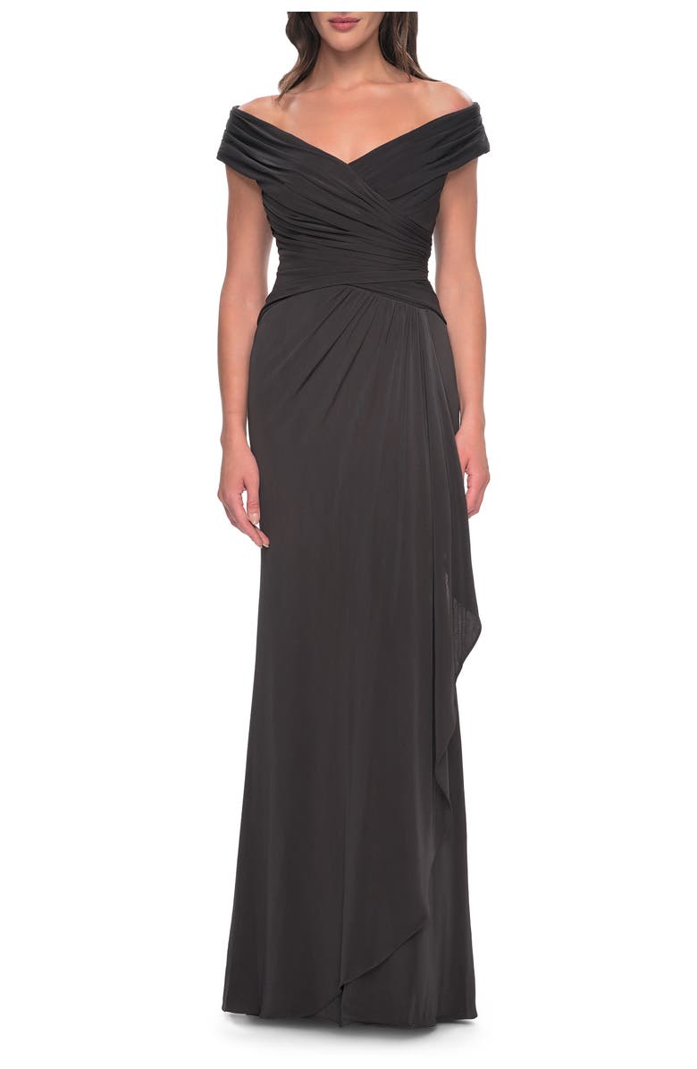 La Femme Long Luxurious Jersey Off the Shoulder Evening Gown, Main, color, Gunmetal