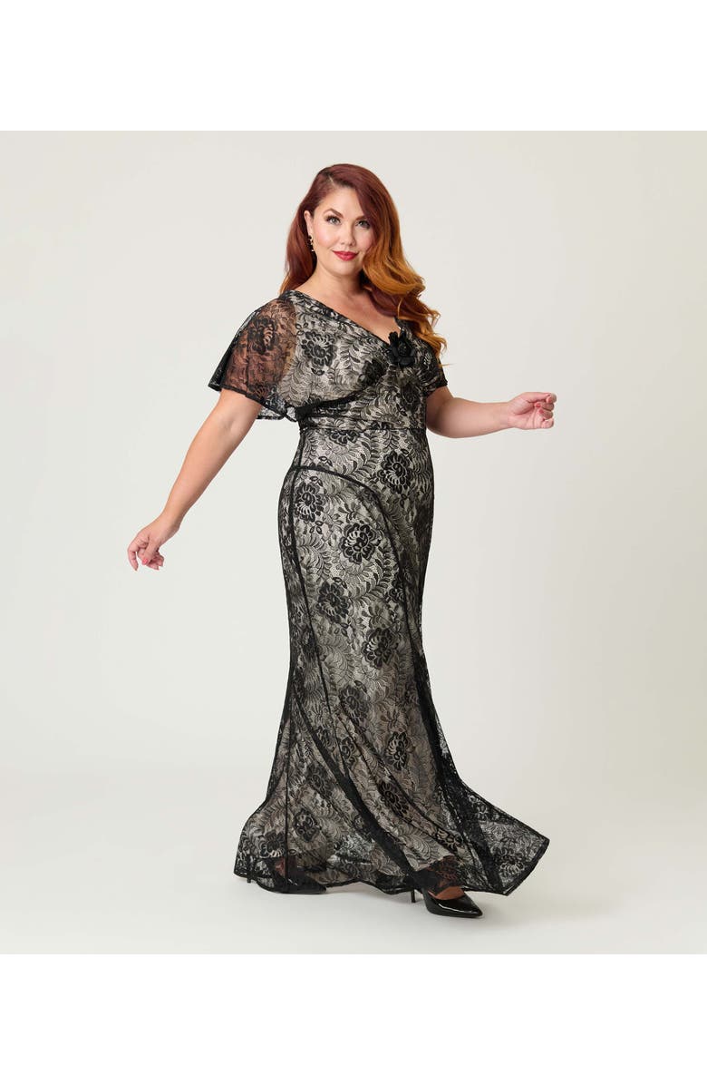 Unique Vintage Plus Size 1930s Flutter Sleeve Gown, Alternate, color, Black/Nude