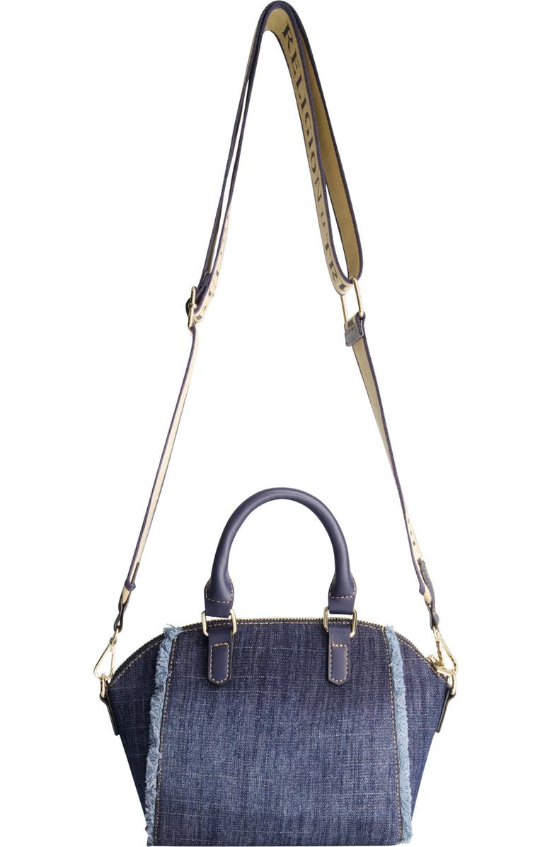 True Religion Frayed Denim Horseshoe Satchel Bag, Alternate, color, Denim