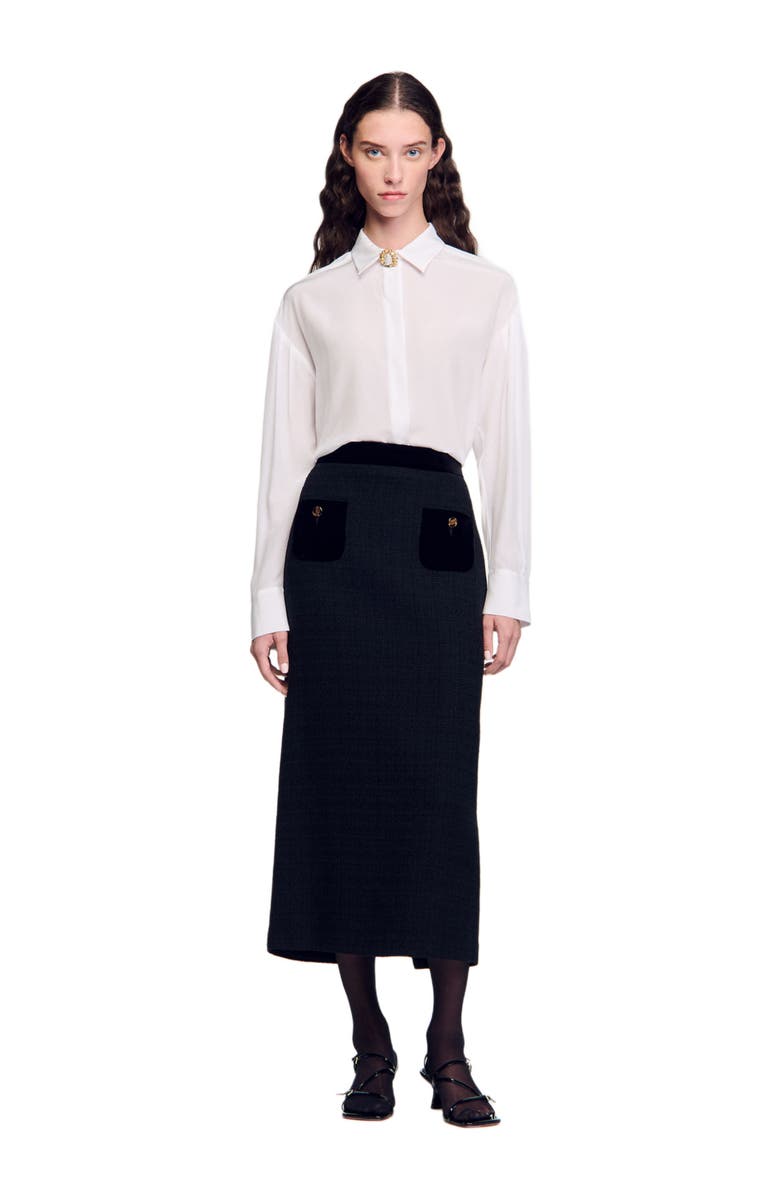 SANDRO Tweed and velvet maxi skirt, Main, color, 