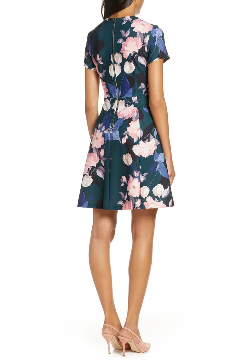 Floral Print Short Sleeve Fit & Flare Dress, Alternate, color, HUNTER