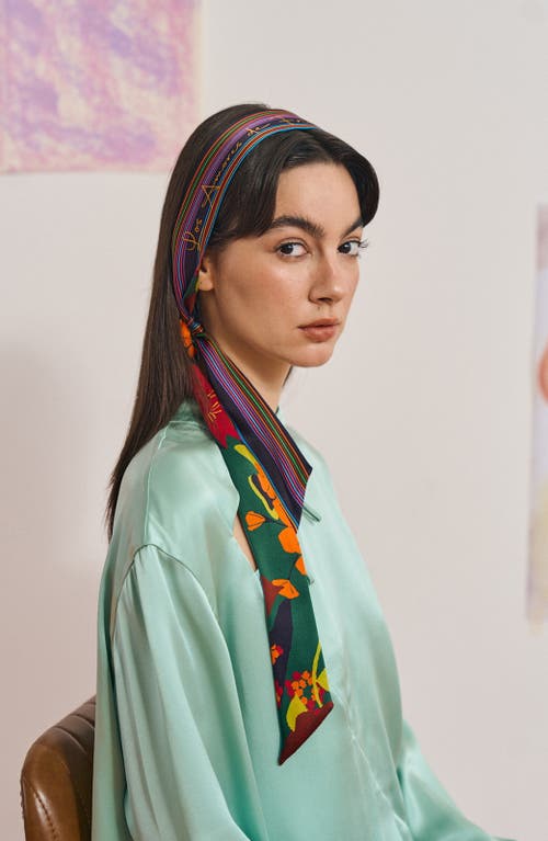 Lost Pattern Frida Garden Print Skinny Silk Scarf In Multi