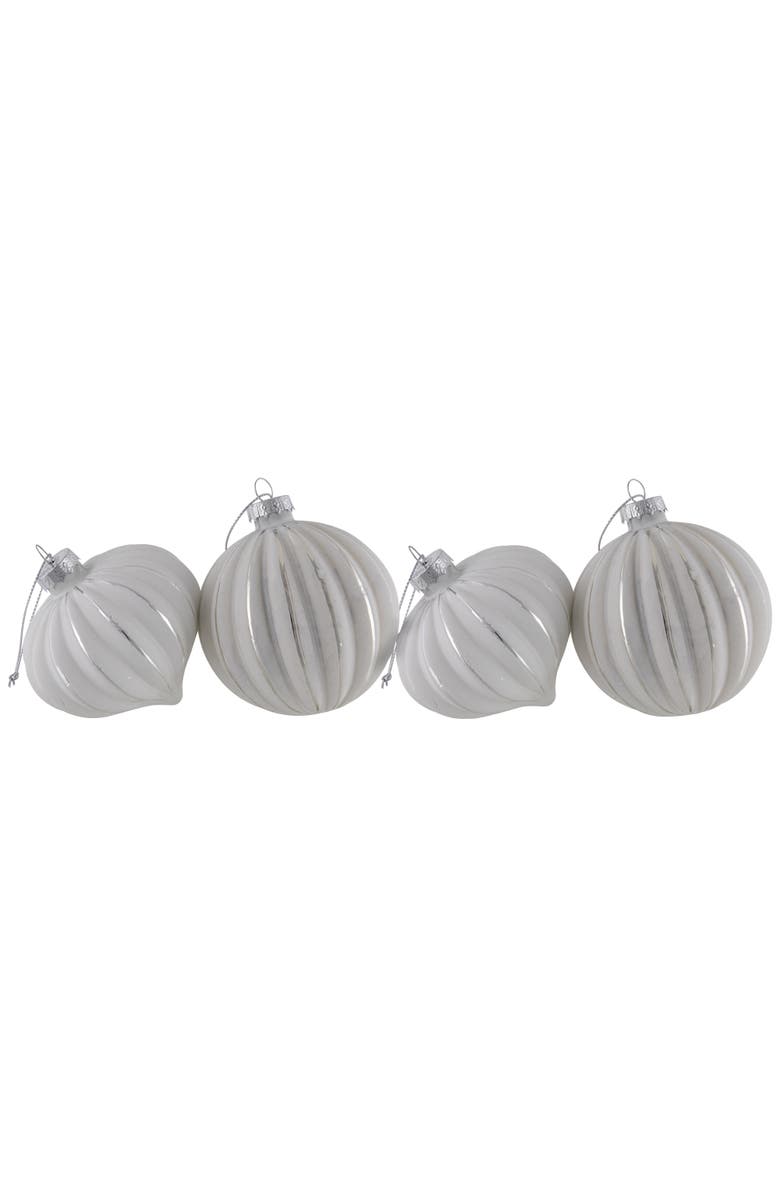 Northlight Striped Ball and Onion Glass Christmas Ornaments - 3" (80mm) - White and Silver - 4ct, Alternate, color, White