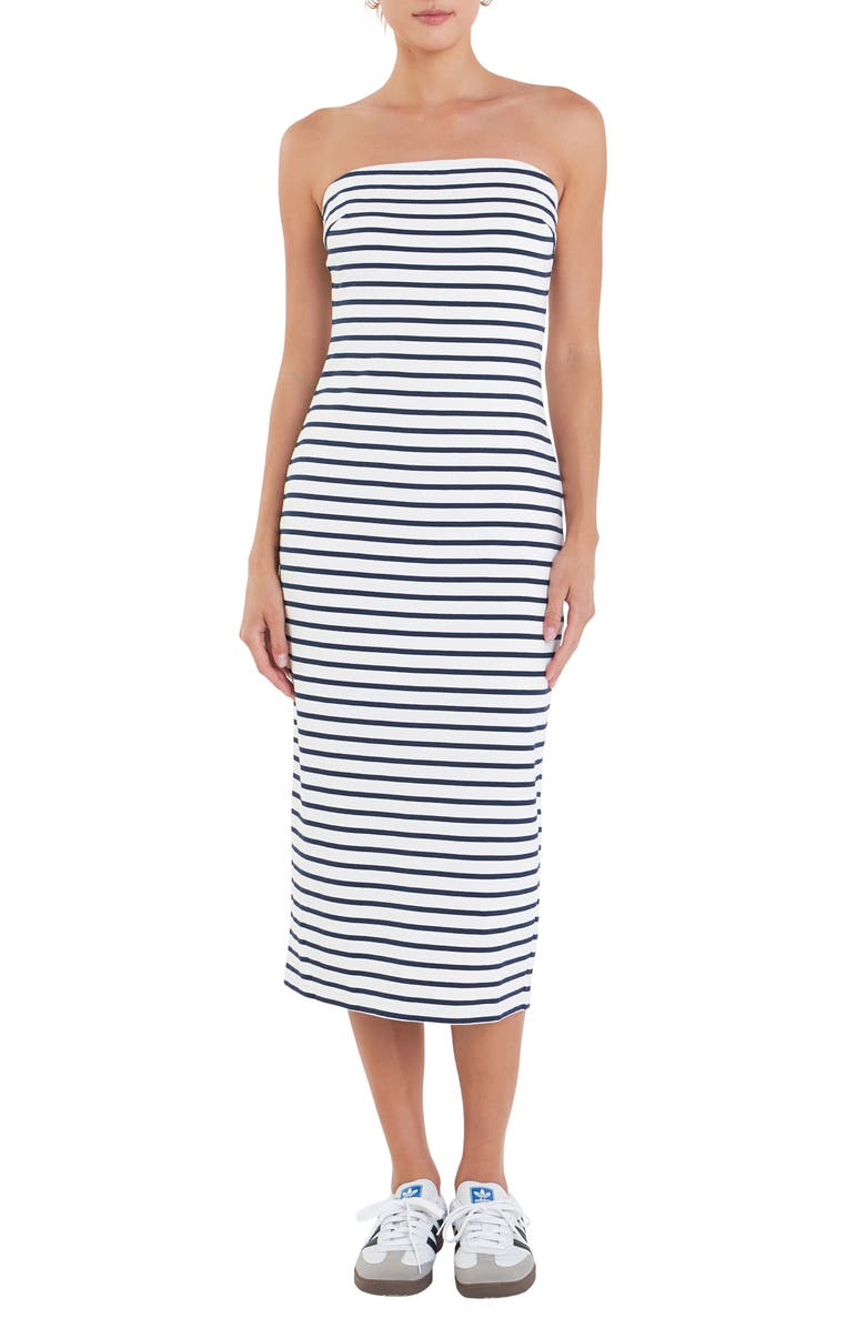English Factory Stripe Strapless Cotton Midi Dress, Main, color, White/ Navy