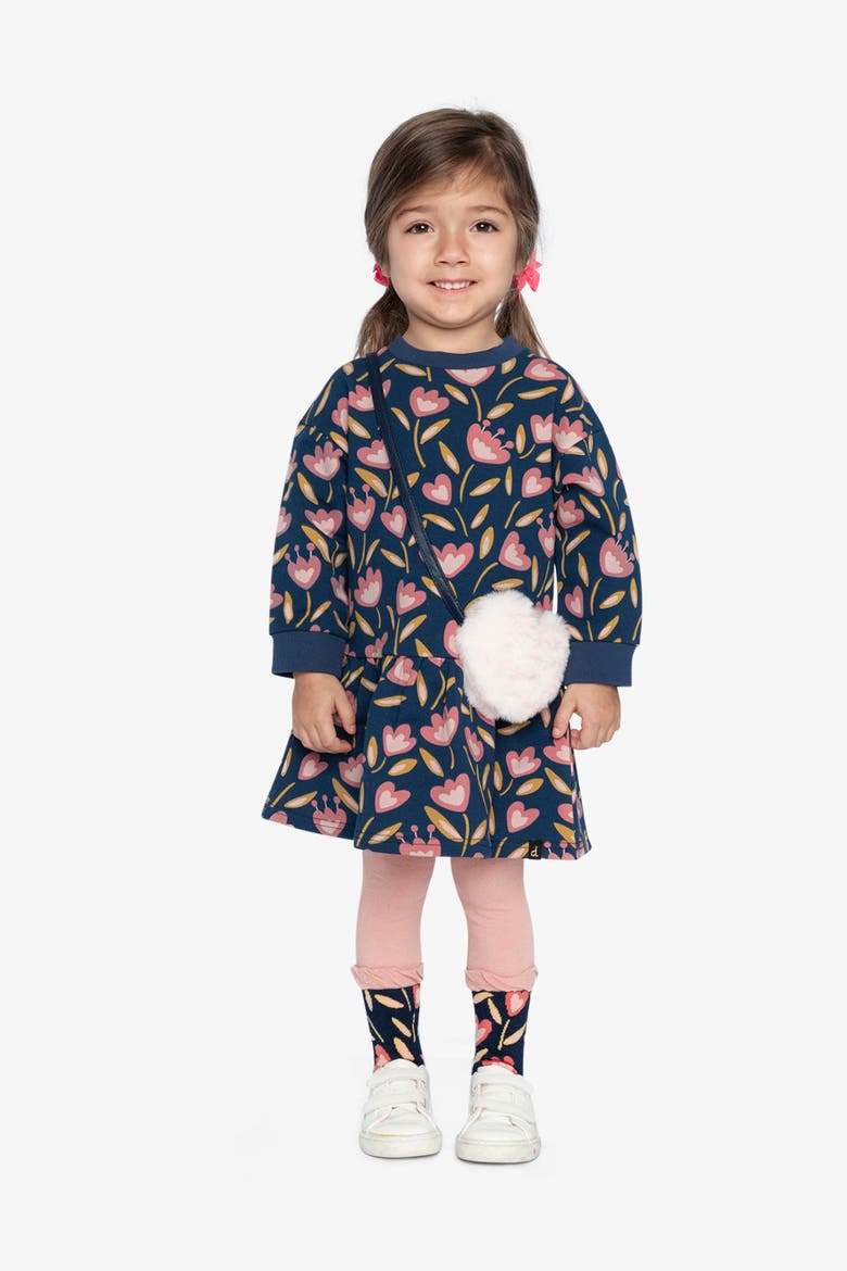 French Terry Raglan Sleeve Gathered Skirt Dress, Alternate, color, Blue Tulip Print