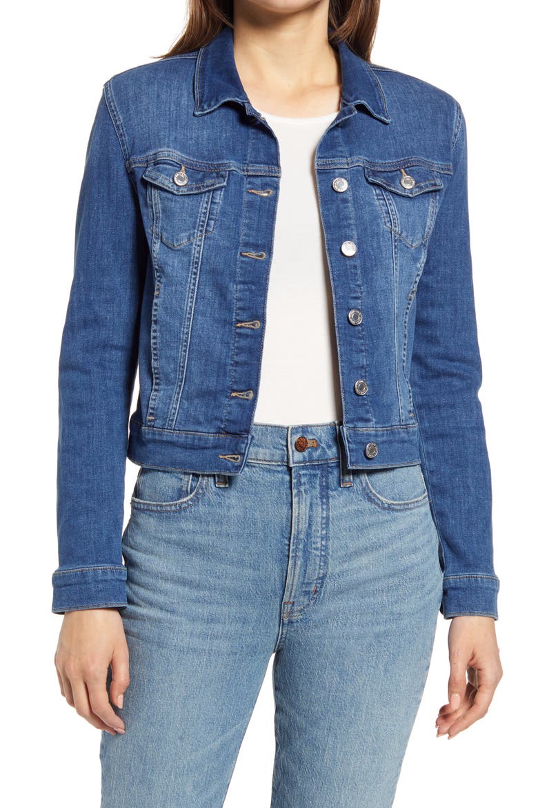 Samantha Denim Trucker Jacket, Main, color, MID BRUSHED FEATHER BLUE