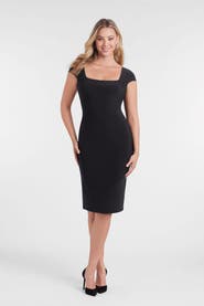 S3 Apparel Sculpting Shapewear Square Neck Cap Sleeve Solid Midi Dress