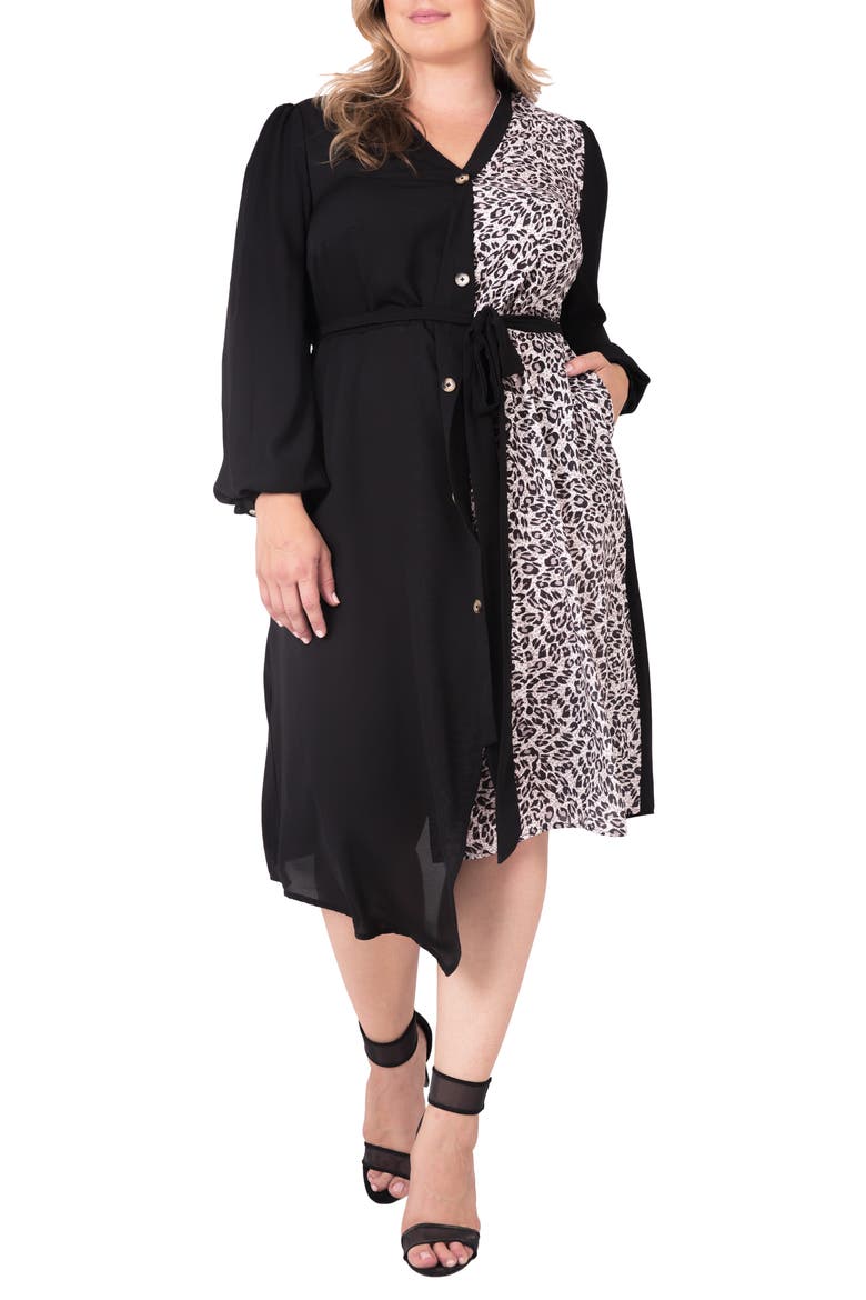 Asymmetrical Long Sleeve Shirtdress, Alternate, color, BLACKBROWN