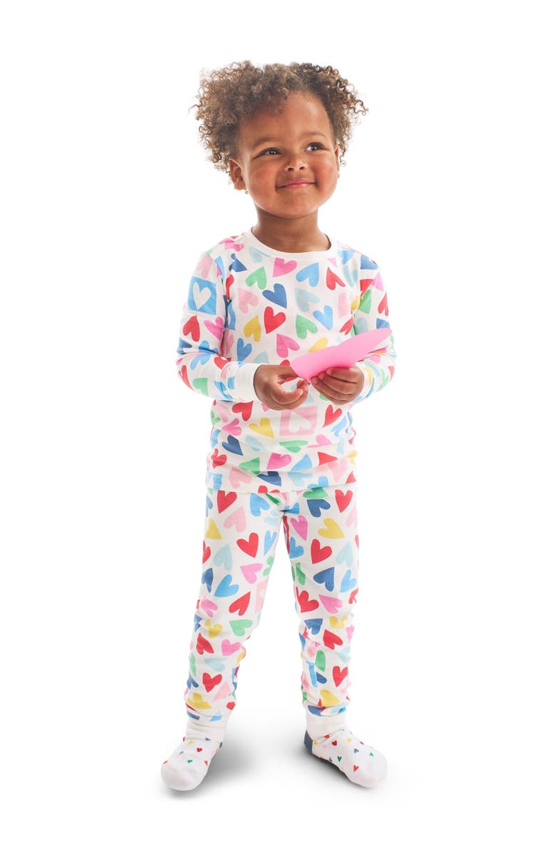 Primary Kids Organic Long Sleeve Pj Set In Rainbow Candy Hearts, Alternate, color, Ivory Rainbow Candy Hearts