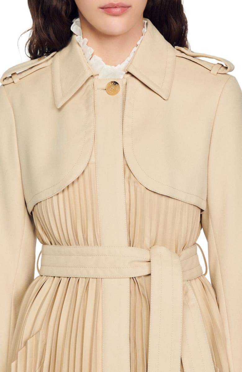 SANDRO Pleated trench coat with belt, Alternate, color, 