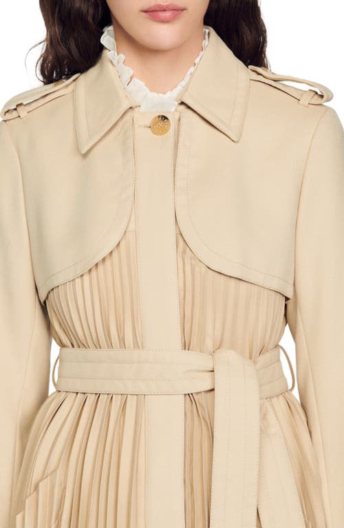 Sandro Pleated Trench Coat With Belt In Beige