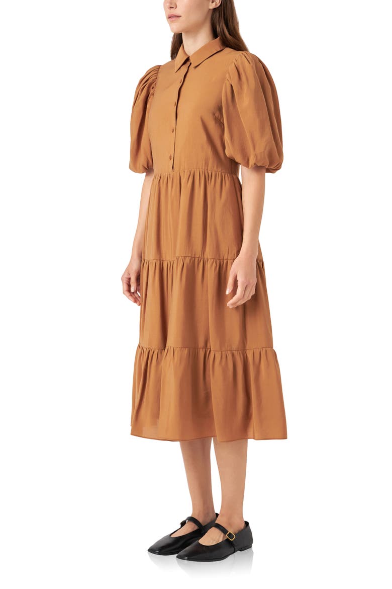 Tiered Midi Shirtdress, Alternate, color, BROWN