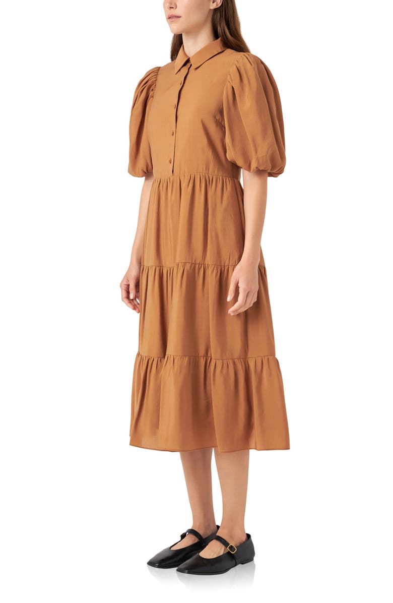 English Factory Tiered Midi Shirtdress, Alternate, color, Brown