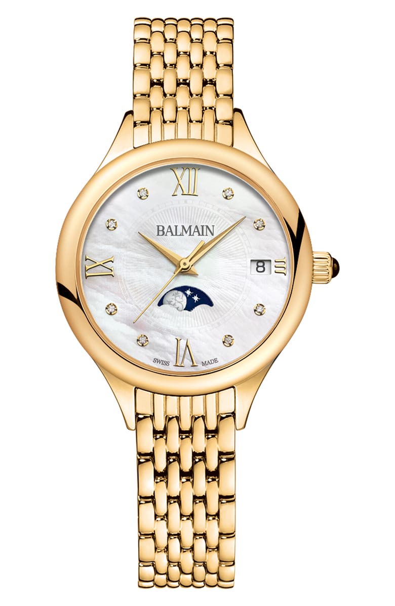 BALMAIN WATCHES Mother-of-Pearl Diamond Moon Phase Bracelet Watch, 31mm, Main, color, Yellow Gold Pvd Coating