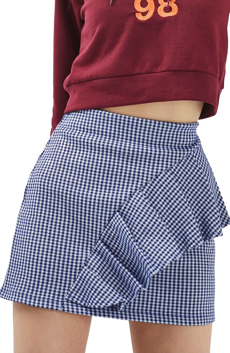 Topshop Gingham Ruffle Miniskirt, Main, color, 
