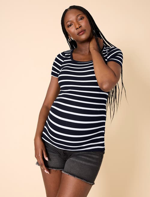 Motherhood Maternity Square Neck Rib Knit Short Sleeve Top In Black & White Stripe