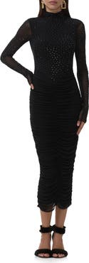 AFRM Cruz Rhinestone Long Sleeve Mesh Midi Dress