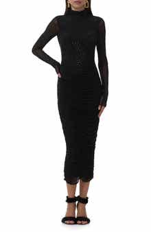 AFRM Cruz Rhinestone Long Sleeve Mesh Midi Dress