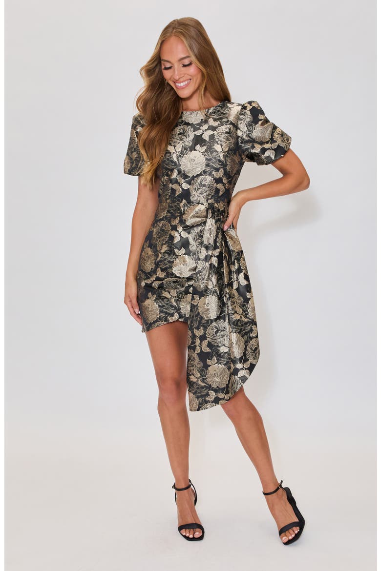 Holly Floral Brocade Pleated Drape Minidress, Alternate, color, BLACK/ GOLD
