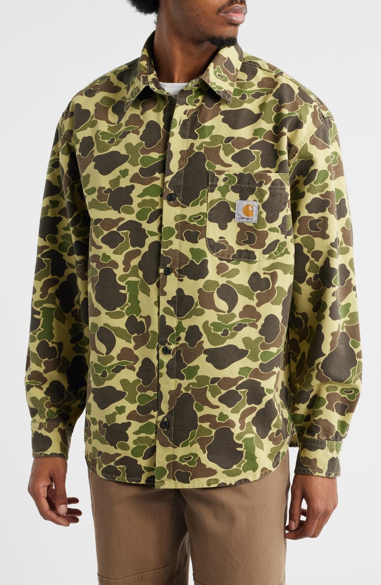 Carhartt Work In Progress Camo Duck Cotton Canvas Button-Up Shirt, Alternate, color, Camo Duck Green Stone Washed
