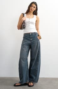 Topshop Rib Knit Half Placket Stretch Cotton Tank