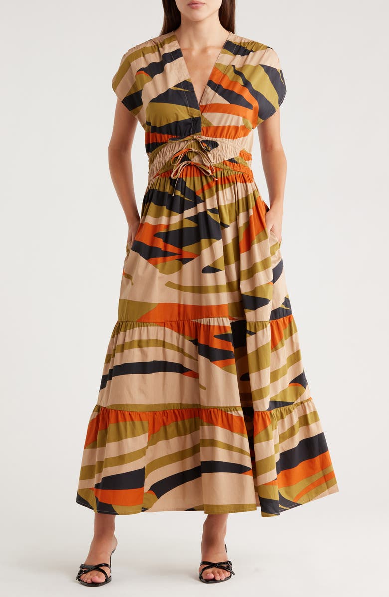 Halogen<sup>®</sup> Stripe Cap Sleeve Cotton Maxi Dress, Main, color, Olive Drab