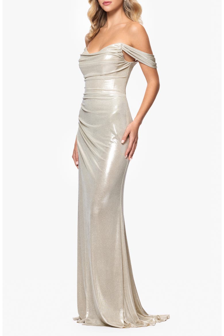 Glitter Knit Off the Shoulder Gown, Alternate, color, CHAMPAGNE