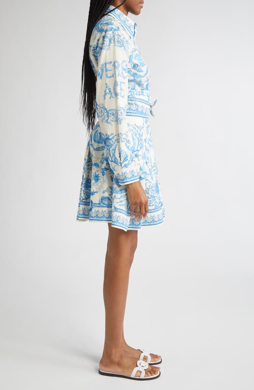 Versace Underwater Barocco Long Sleeve Cotton Poplin Shirtdress In Blue