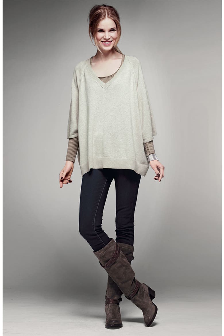 V-Neck Poncho Sweater, Alternate, color, DARK CHARCOAL/ BLACK STRIPE