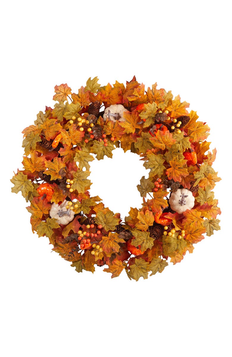 NEARLY NATURAL Autumn Pumpkin & Mable Leaves Wreath, Main, color, Orange