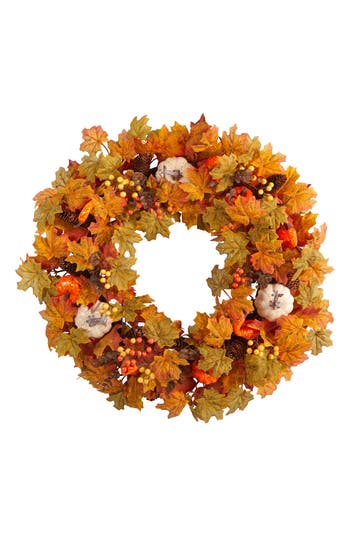 Nearly Natural 30in. Autumn Pumpkin & Maple Leaf Artificial Fall Wreath In Orange