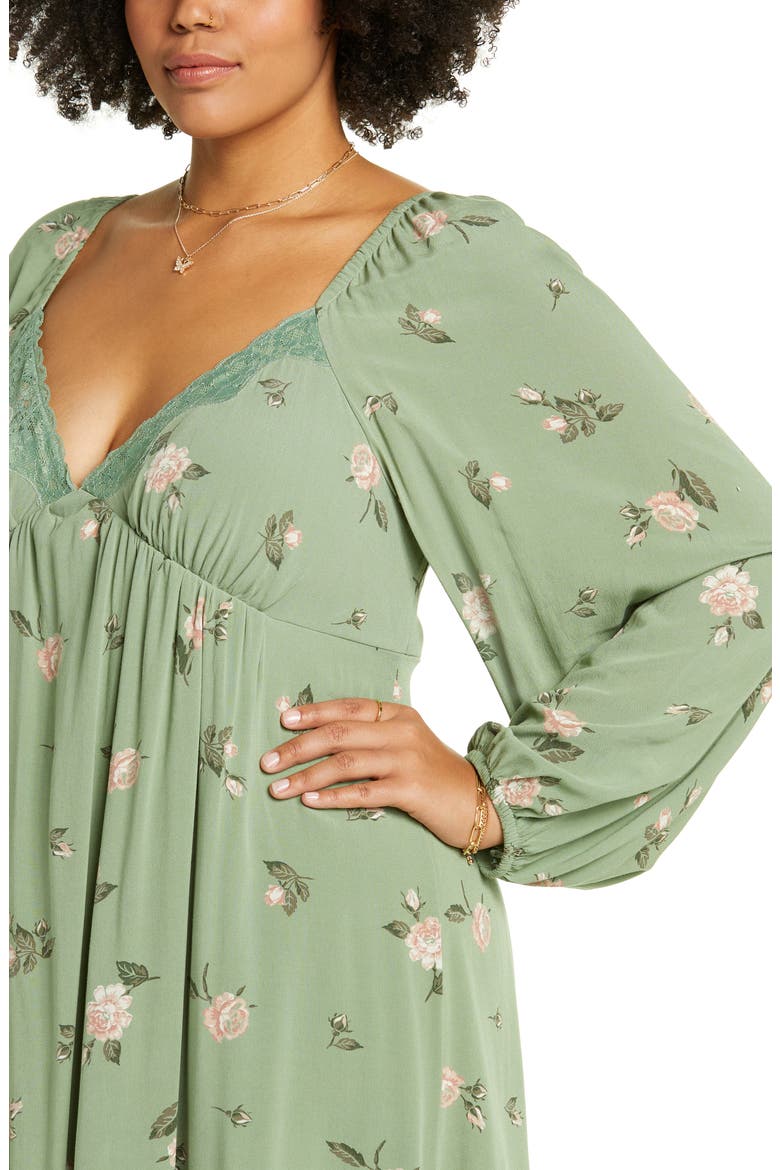 Lace Trim Long Sleeve Babydoll Dress, Alternate, color, GREEN ROSEBUD