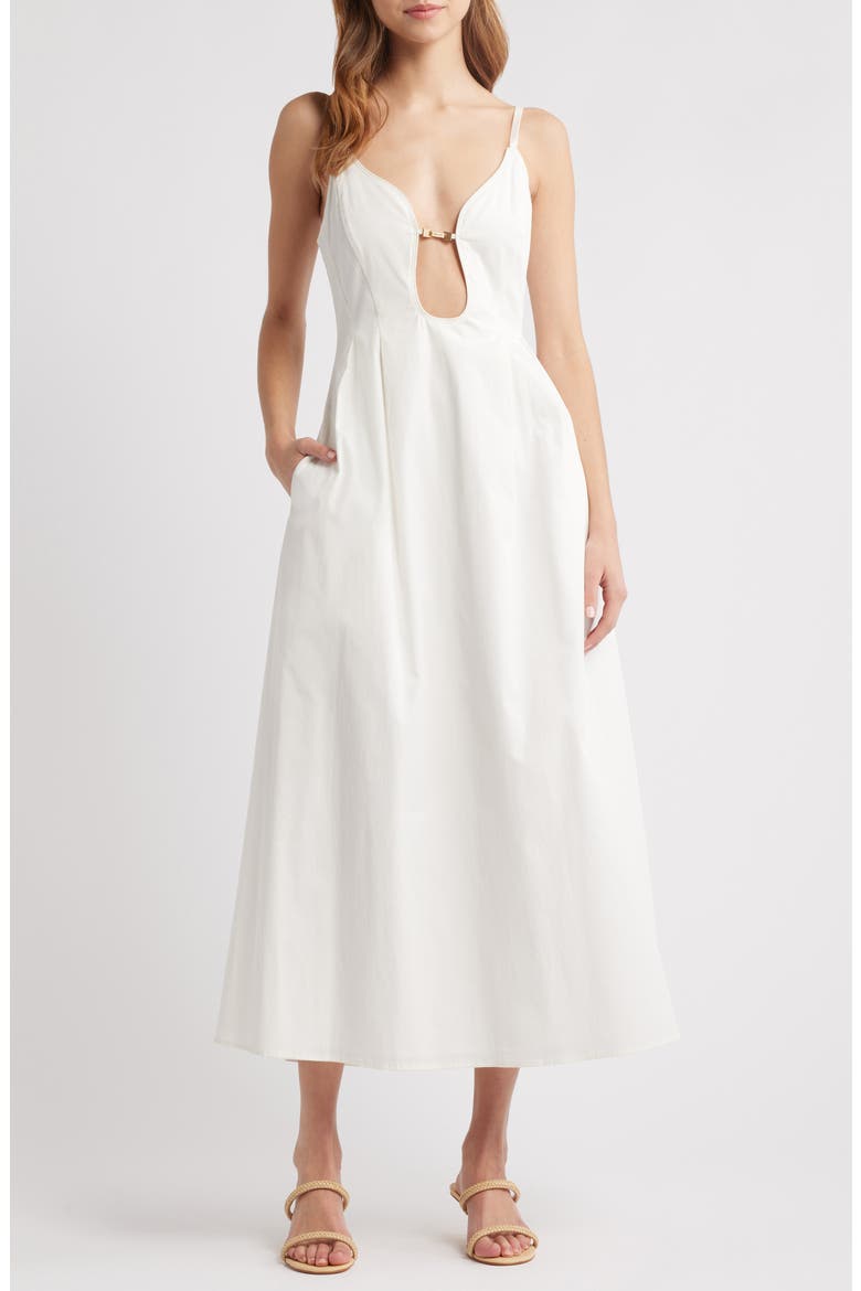 Ellaria Plunge Stretch Poplin Midi Dress, Main, color, OFF WHITE