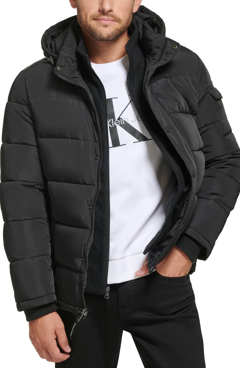 Calvin Klein Water Resistant Fleece Bib Hooded Puffer Jacket, Main, color, 