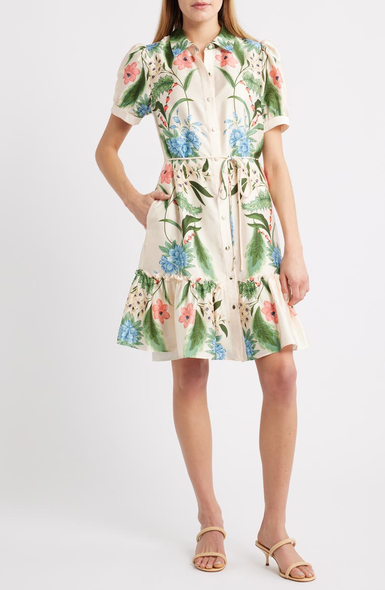 Julia Jordan Floral Short Sleeve Ruffle Hem Shirtdress, Main, color, Ivory Multi