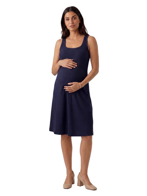 Maternity Essential Ribbed Knit Sleeveless Scoop Neck Pocket A-Line Midi Dress