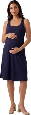 24seven Comfort Apparel Maternity Essential Ribbed Knit Sleeveless Scoop Neck Pocket A-Line Midi Dress