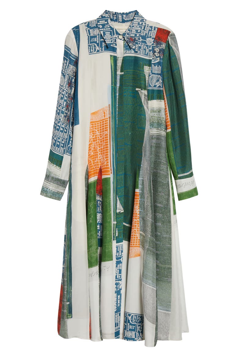 Collage Print Belted Long Sleeve Sandwashed Silk Shirtdress, Alternate, color, BLUE GREEN MULTI